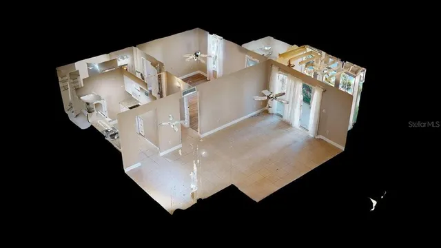 an aerial view of a house with a kitchen