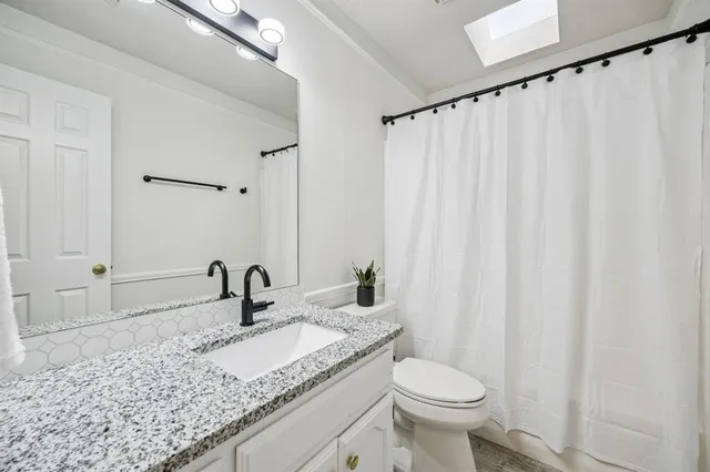 a bathroom with a granite countertop sink and a toilet