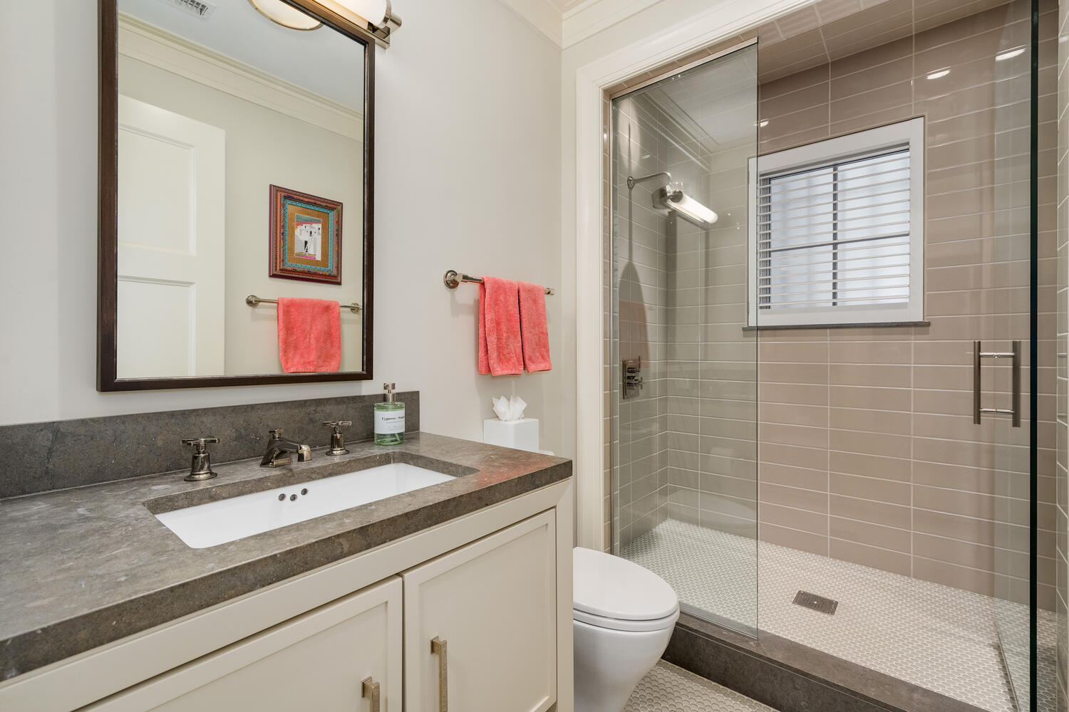 1853 North Burling Street Chicago, IL 60614 - Photo 81 of 86 a bathroom with a granite countertop sink a toilet a shower and a mirror