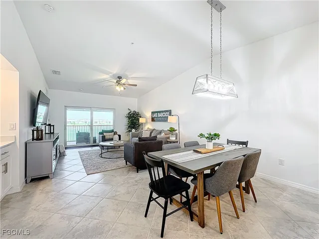a view of a dining room with furniture