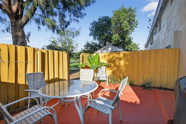 an outdoor space with seating space