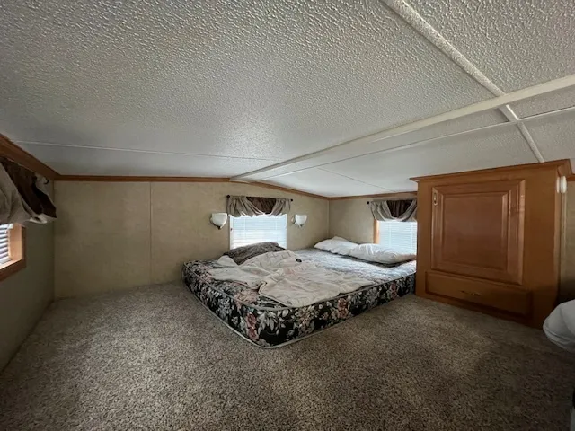 a bedroom with a bed and cabinets
