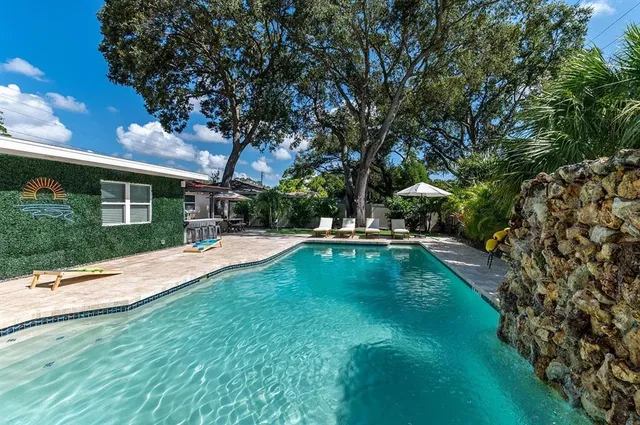 a view of a bench in the garden