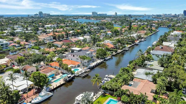 an aerial view of city and lake with city and lake view