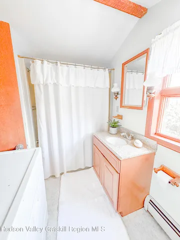 a bathroom with a sink a mirror and a shower curtain