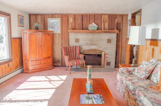 a living room with furniture and a fireplace