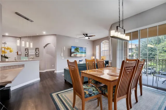 a view of a dining room with furniture