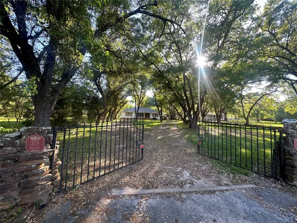 a view of a yard with large trees