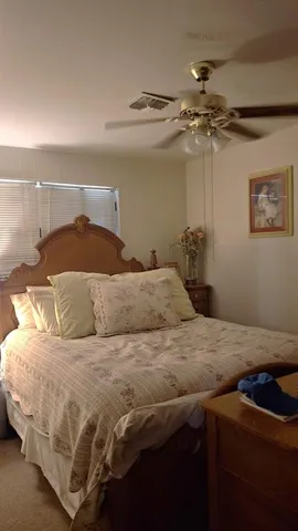 a bedroom with a bed and ceiling fan