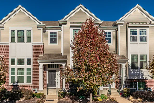 a view of a house with a yard and potted plants
