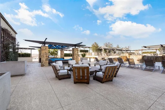 an outdoor space with seating area