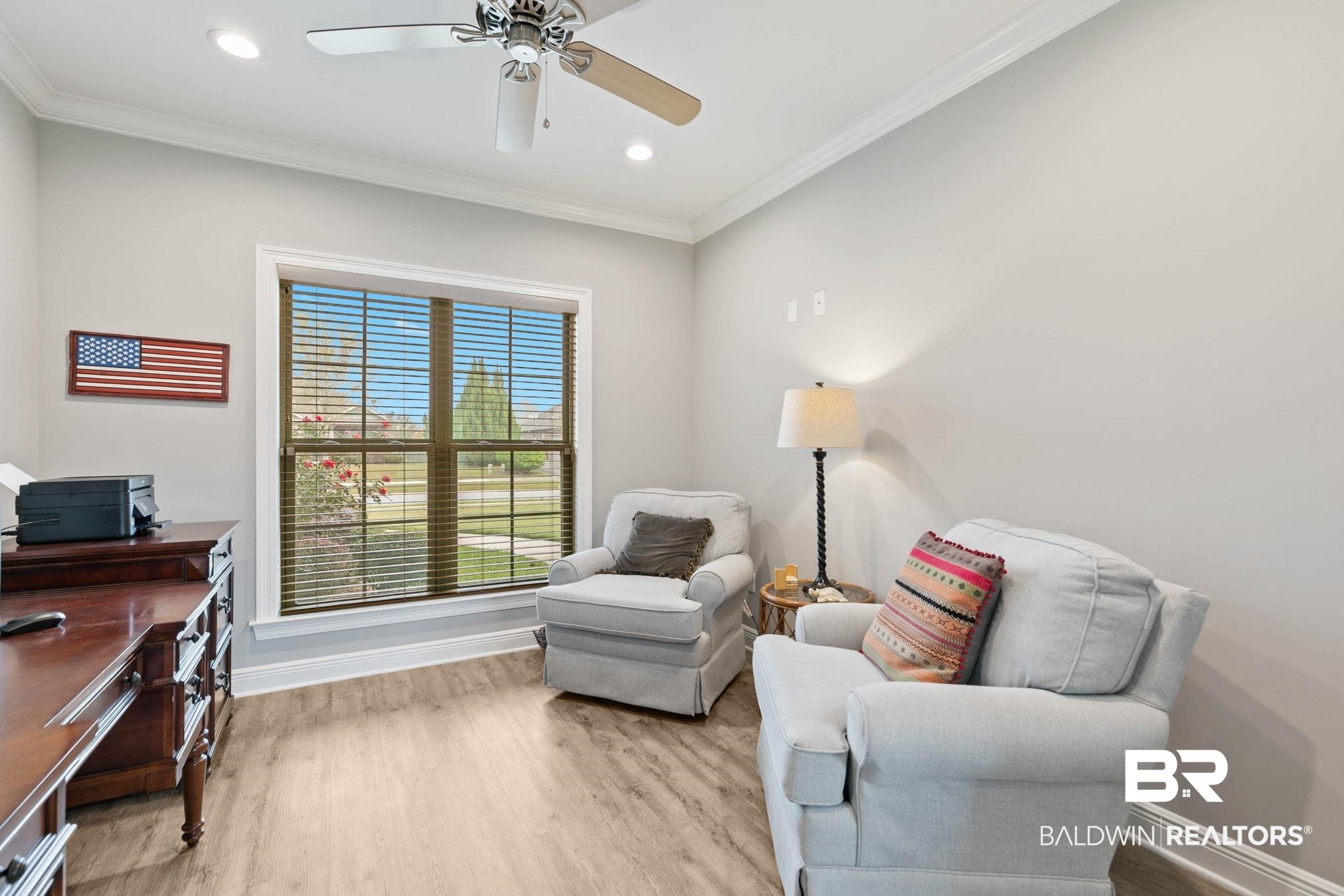 9388 Pembrook Loop Fairhope, AL 36532 - Photo 16 of 53 Office with ornamental molding, light wood-style floors, ceiling fan, and recessed lighting