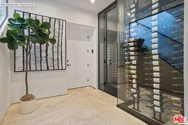 a room with table chairs and a potted plant