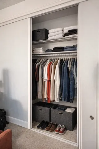 a view of walk in closet with clothes and shoes