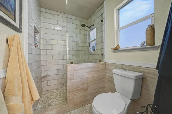 a white toilet sitting next to a shower curtain