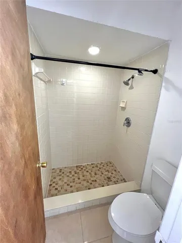 a bathroom with a shower and a toilet