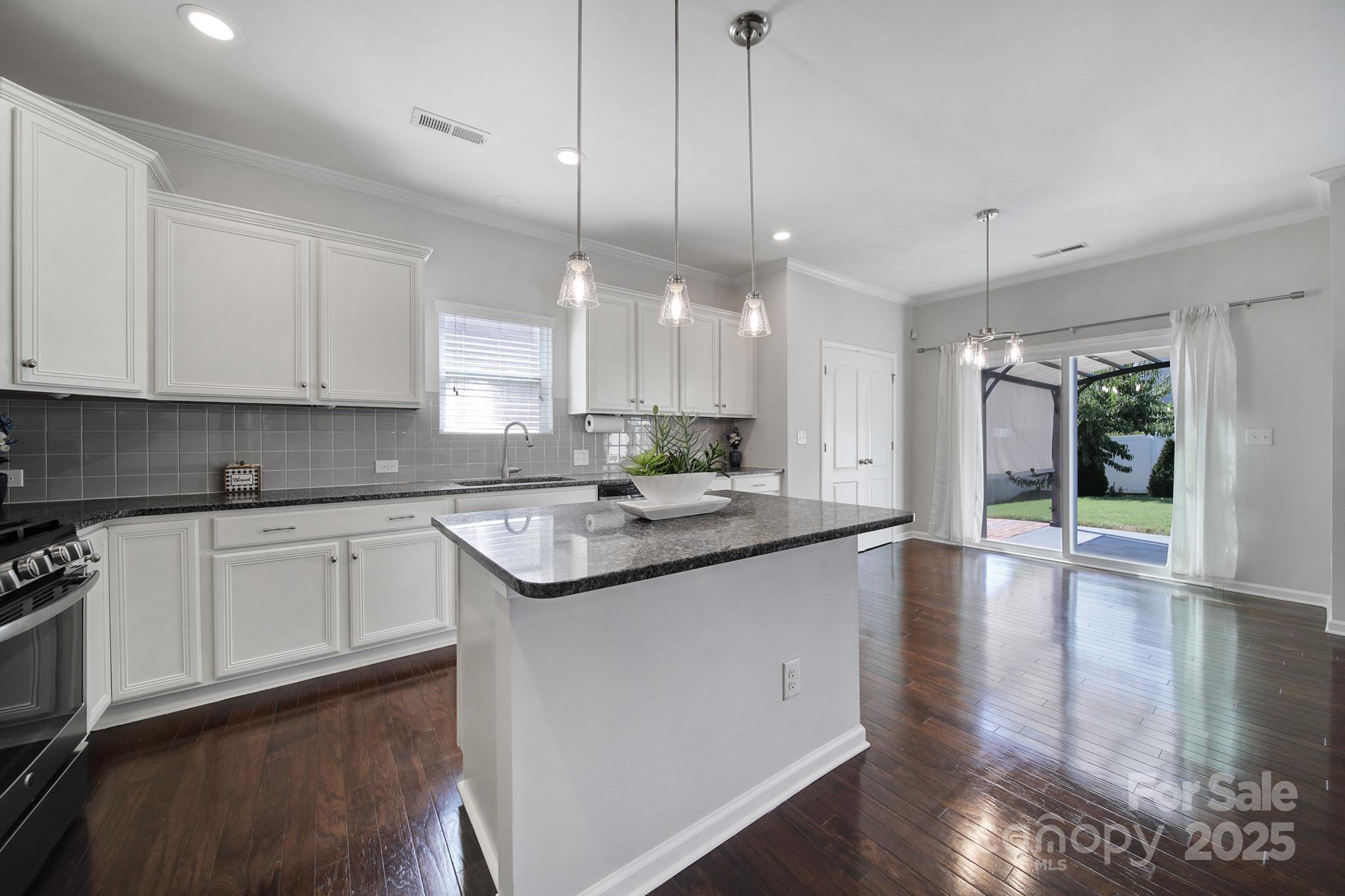 1541 Spring Blossom Trail Fort Mill, SC 29708 - Photo 14 of 43 a kitchen with stainless steel appliances granite countertop a stove a sink and white cabinets with wooden floor