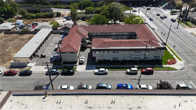 an aerial view of a yard with street