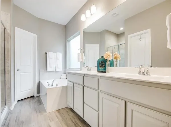 a bathroom with a white tub sink a mirror and a bathtub