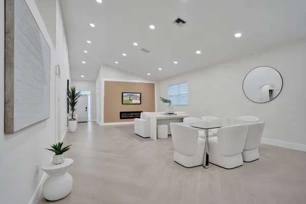 a living room with furniture and a potted plant