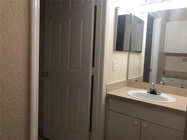 a bathroom with a sink and a mirror