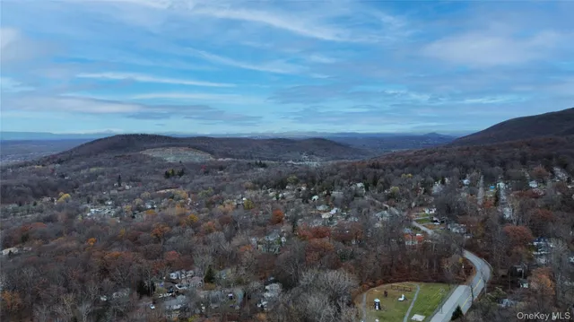 a view of a city with lush green forest