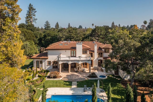 a aerial view of a house with a yard and potted plants