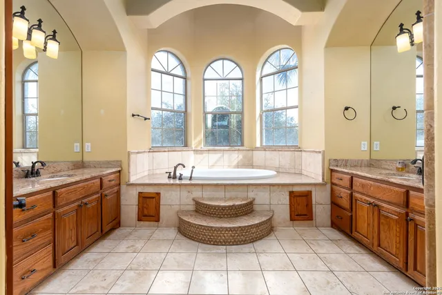 a large kitchen with a large window