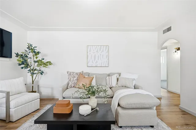 a living room with furniture and a potted plant