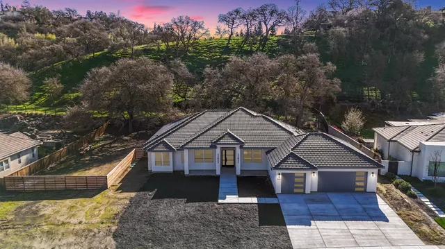 a front view of a house with yard and green space