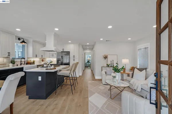 a view of a dining room with furniture