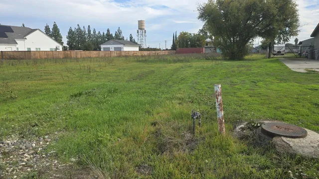 a view of a garden with houses