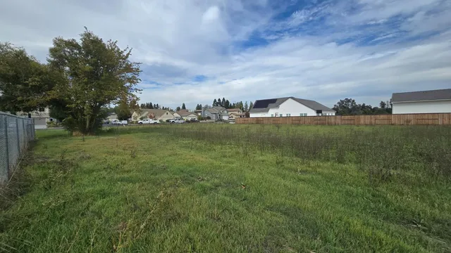 a view of a town with mountains in the background