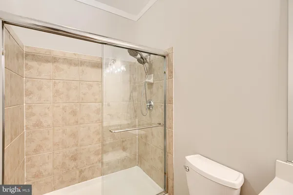 a bathroom with a shower and a toilet