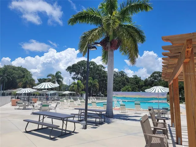 a view of a swimming pool with a yard