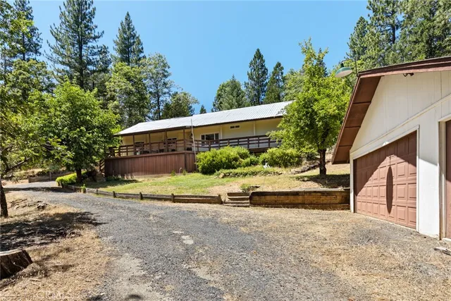 a view of a house with a yard and a large tree