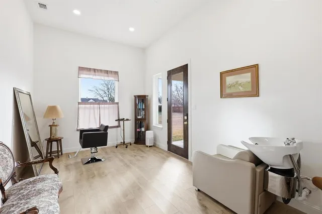 a view of a garden with an outdoor space