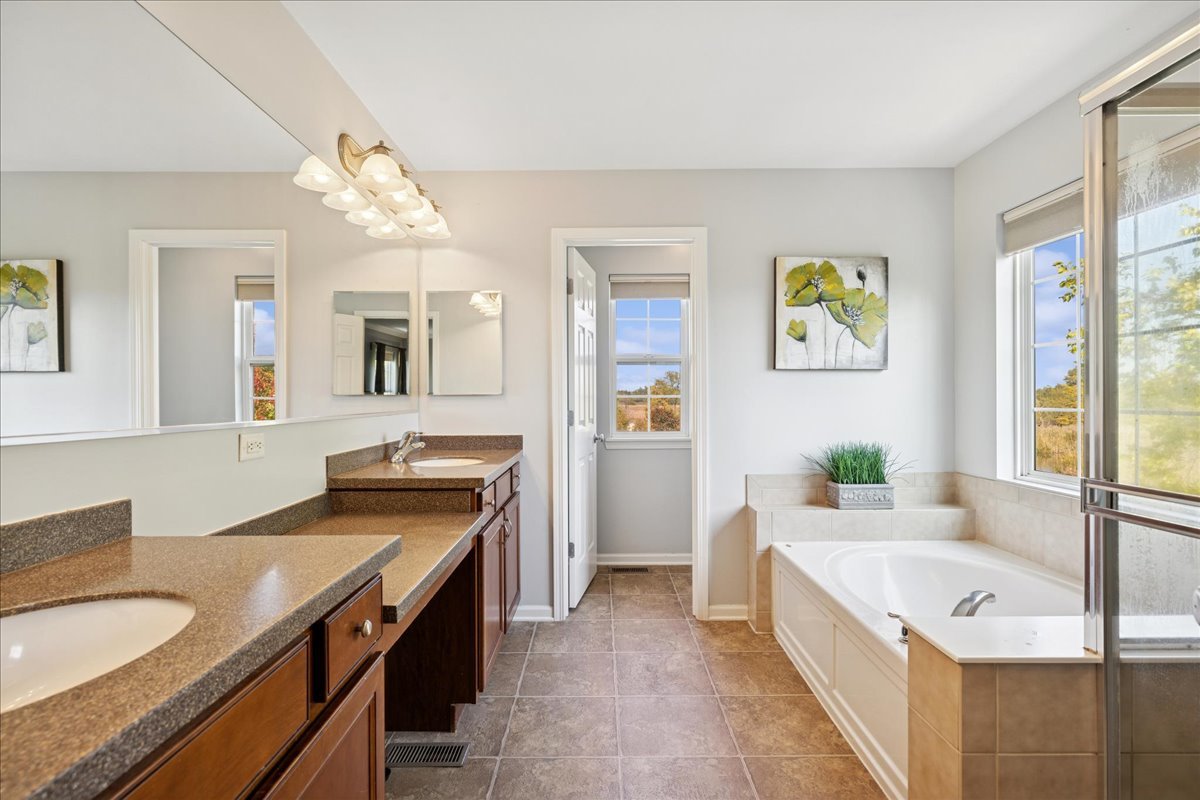 2681 Braeburn Way Woodstock, IL 60098 - Photo 17 of 41 a spacious bathroom with a granite countertop tub sink and mirror