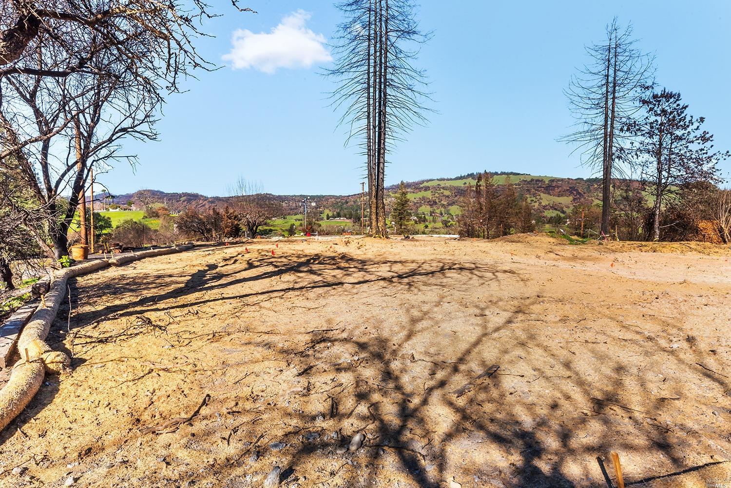 a view of dirt field with trees in the background
