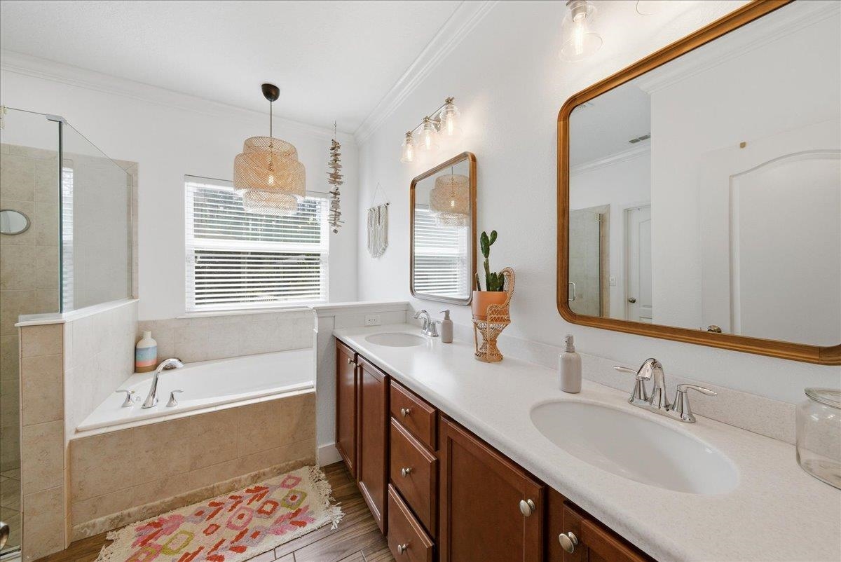 110 Ceja Way St. Augustine, FL 32095 - Photo 16 of 78 a bathroom with double vanity sinks a large mirror and a bathtub