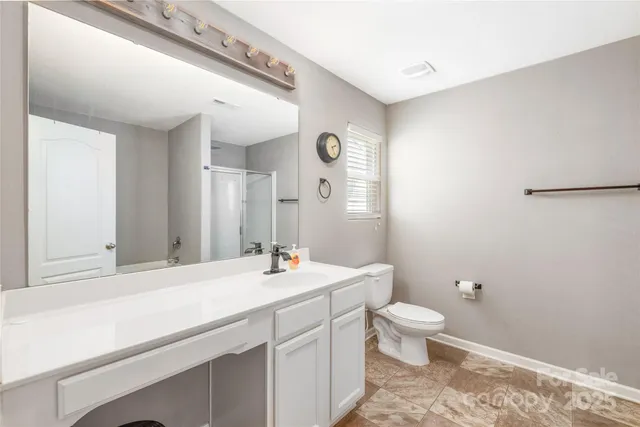 a bathroom with a sink a toilet a mirror and vanity