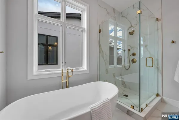 a bathroom with a bathtub and a shower