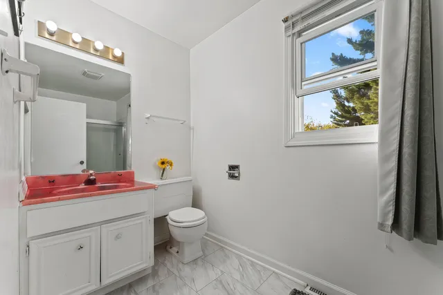 a bathroom with a sink vanity mirror and toilet