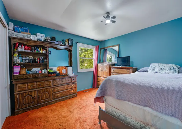 a bed room with a bed and a television