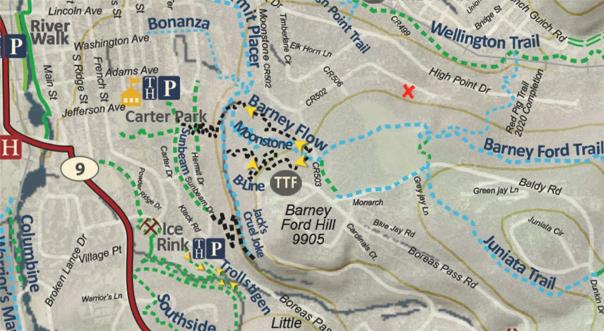 726 Moonstone Road Breckenridge, CO 80424 - Photo 26 of 35 Trail map showing nearby trails. Home is the red "X".