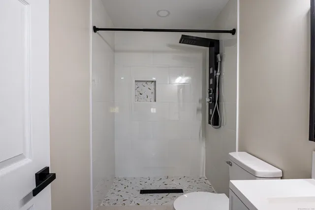 a bathroom with a shower and toilet