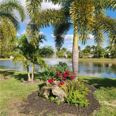 a view of a garden with palm trees