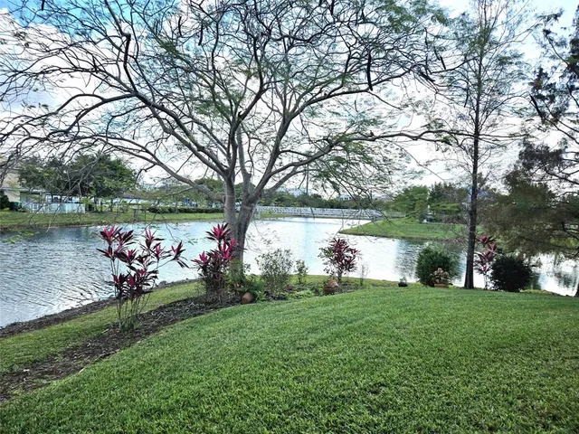 a lake view with a bench and trees around
