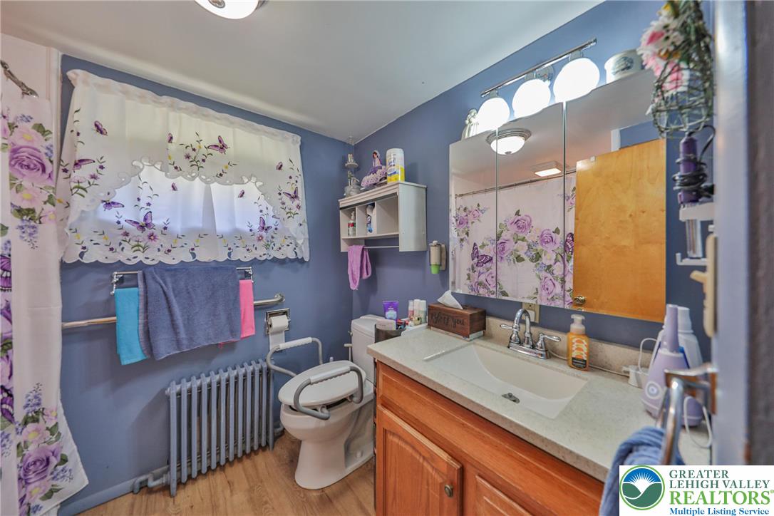 331 Cranberry Creek Road Cresco, PA 18326 - Photo 24 of 95 A quaint bathroom with wood-look flooring and a traditional radiator, offering a cozy and functional space.