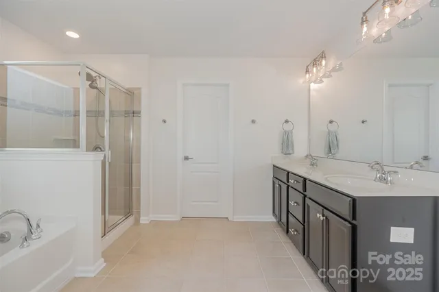 a bathroom with a double vanity sink a mirror and a shower